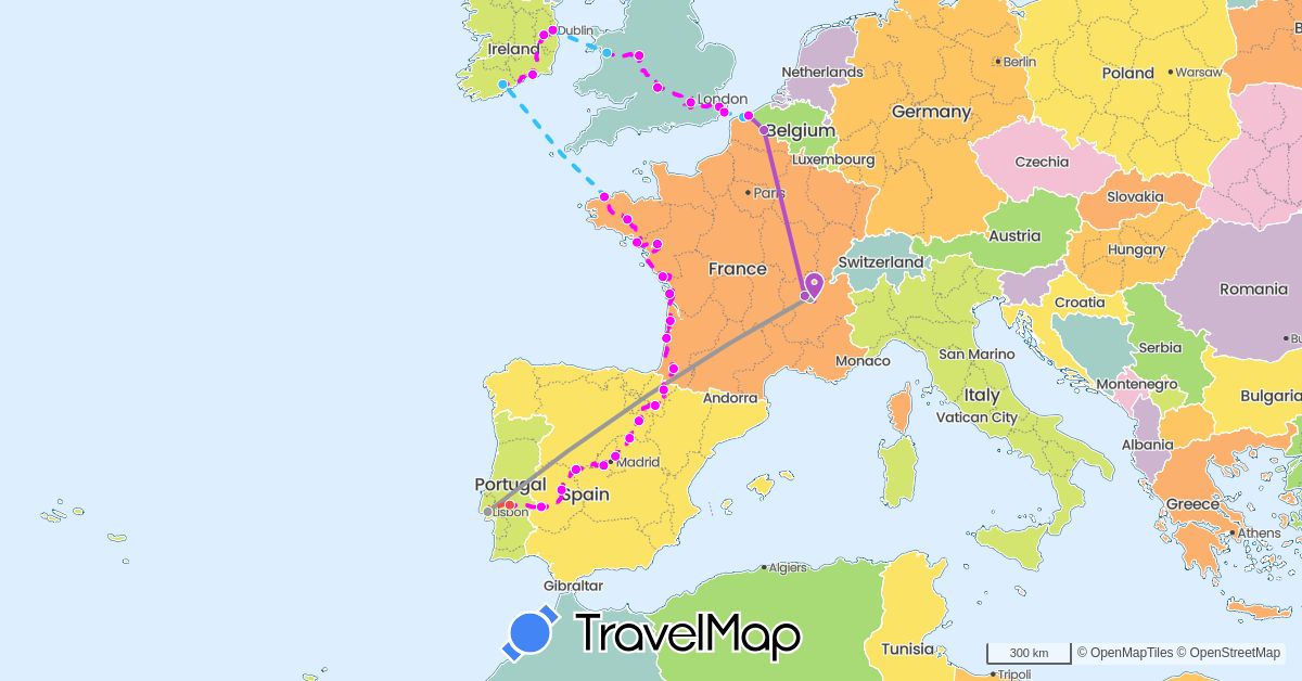TravelMap itinerary: driving, plane, train, hiking, boat, vélo in Spain, France, United Kingdom, Ireland, Portugal (Europe)
