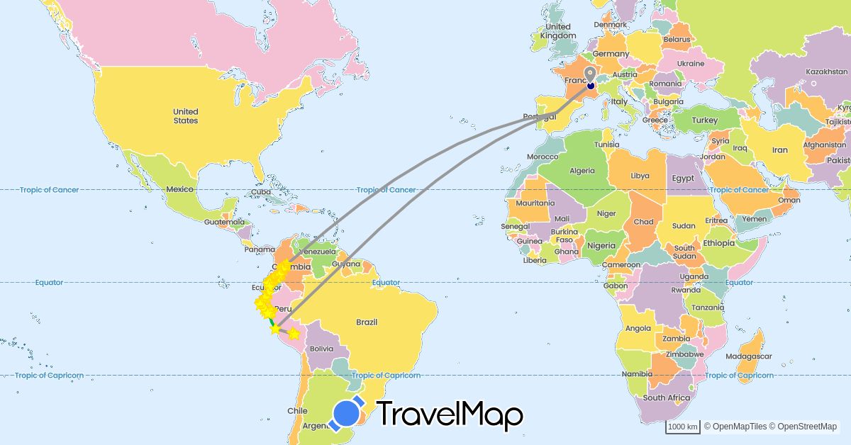 TravelMap itinerary: driving, bus, plane, cycling, train, hiking, hitchhiking, bus, pied, vélo in Colombia, Ecuador, Spain, France, Peru (Europe, South America)