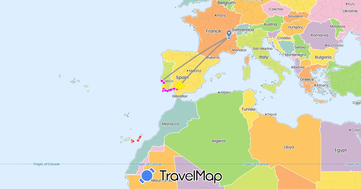 TravelMap itinerary: driving, plane, cycling, hiking, vélo in Spain, France, Portugal (Europe)