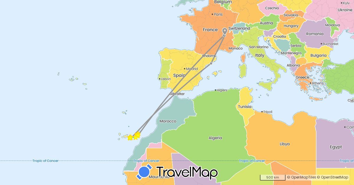 TravelMap itinerary: driving, bus, plane, hiking, boat, hitchhiking in Spain, France (Europe)