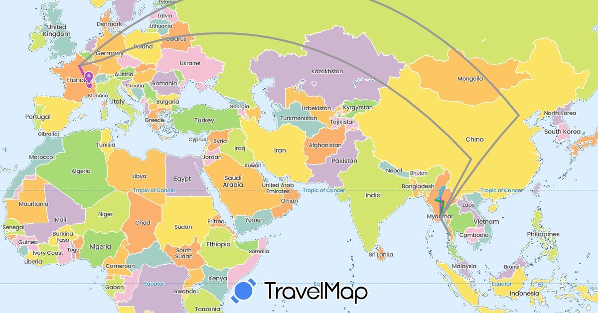 TravelMap itinerary: driving, bus, plane, train, hiking, boat in China, Germany, France, Myanmar (Burma) (Asia, Europe)